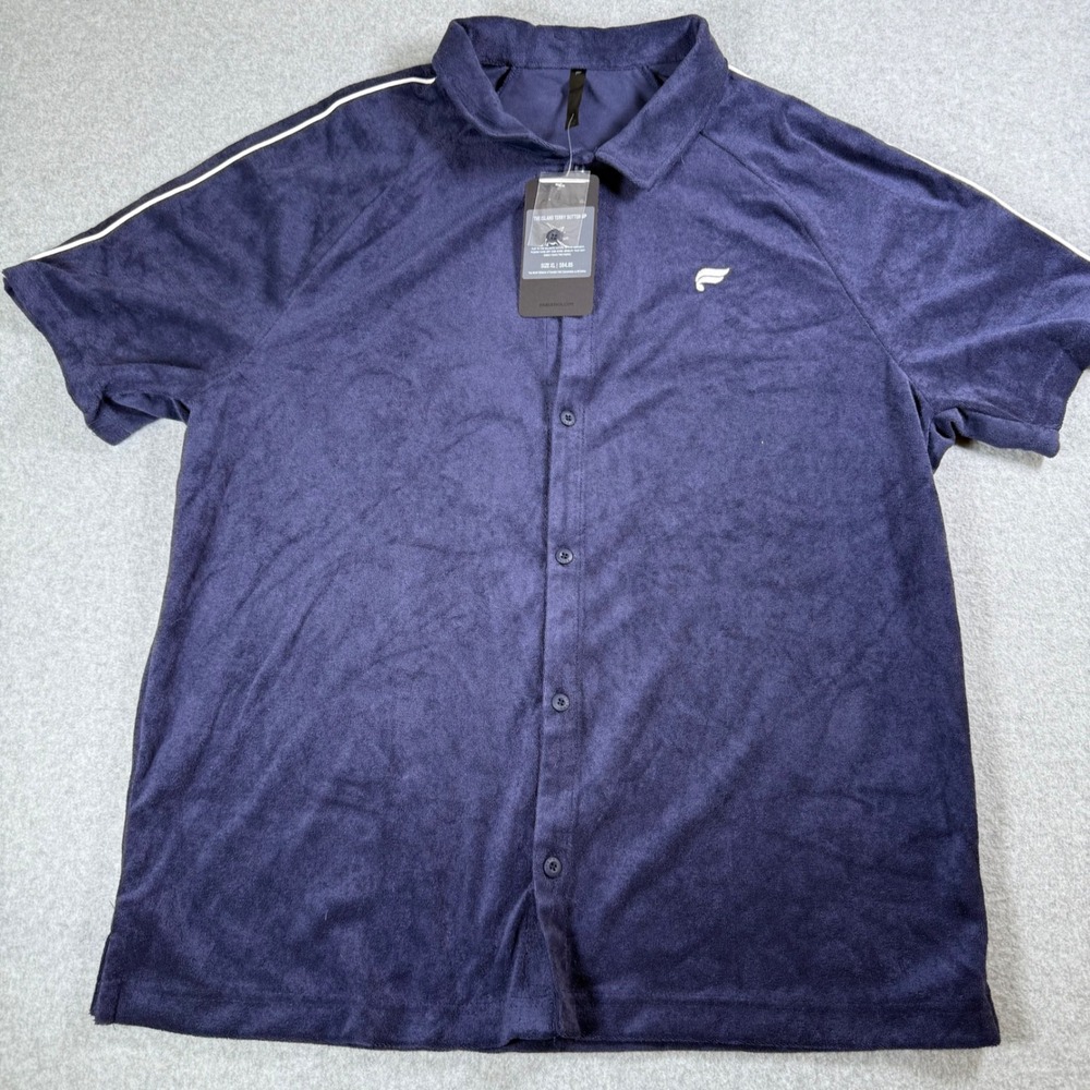 Fabletics The Island Terry Button Up Shirt Navy‎ Blue Men's XL Short Sleeve